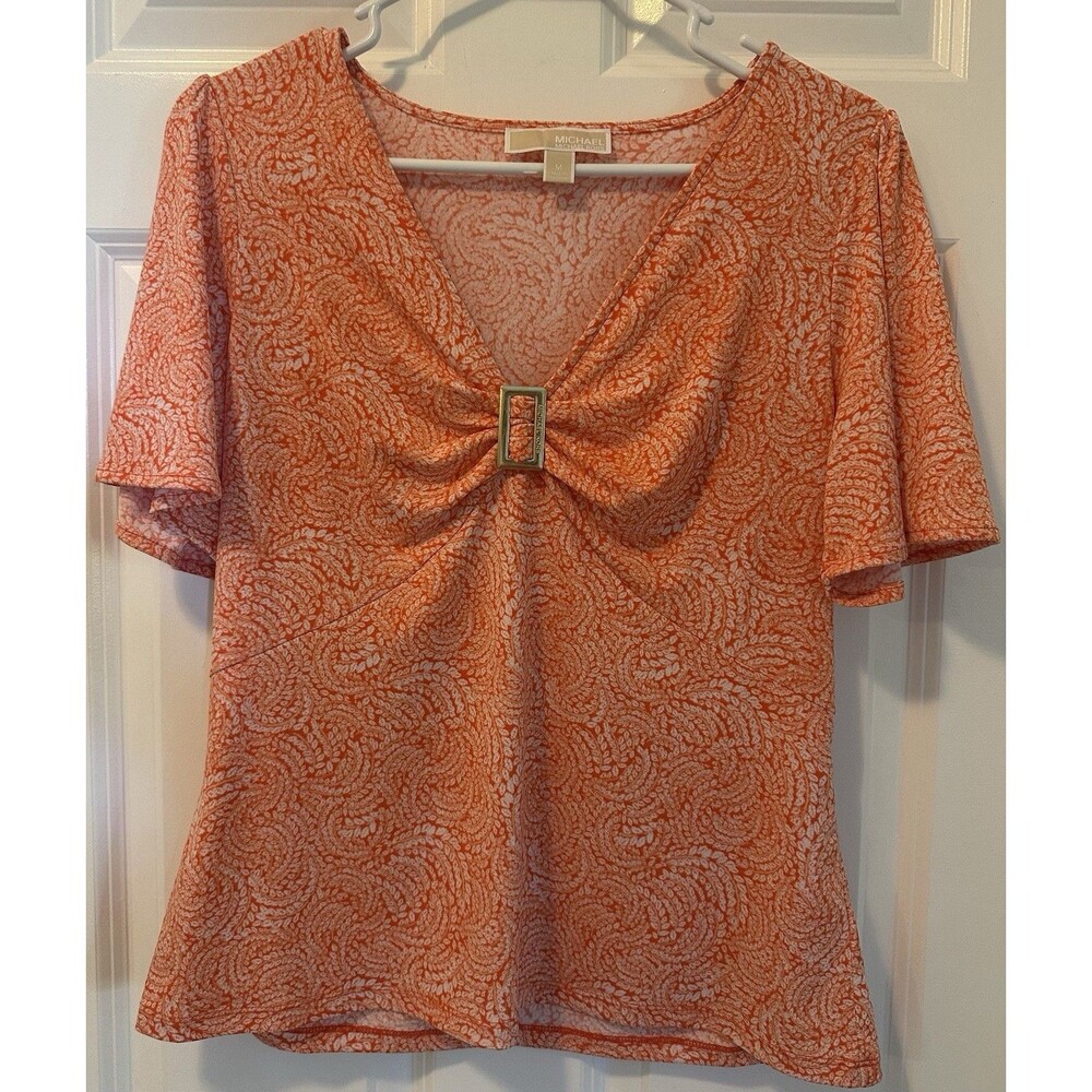 Michael Kors Women’s Size M Neck Blouse Top Paisley Tangerine Orange Gold Buckle